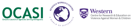 OCASI logo, RWC logo and University of Western - Centre for Research and Education on Violence Against Women and Children Logo